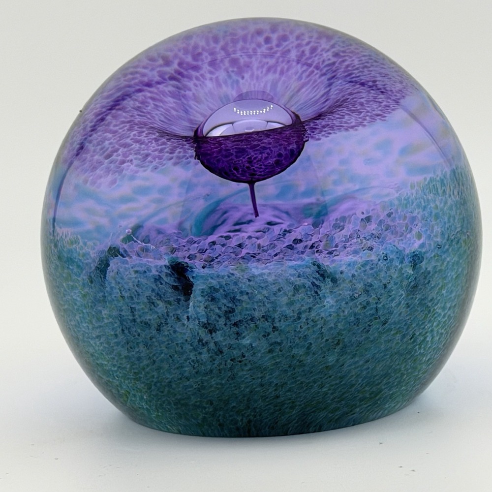 Caithness Scotland Art Glass Paperweight Flower of Scotland Purple Blue Signed